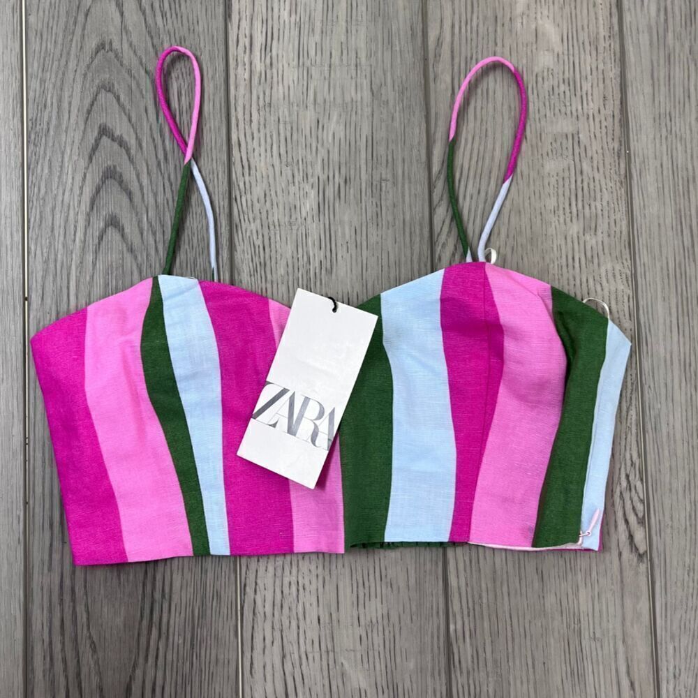 Zara Women's Size S Pink Striped Linen Cotton Crop NEW Top Sleeveless Coastal